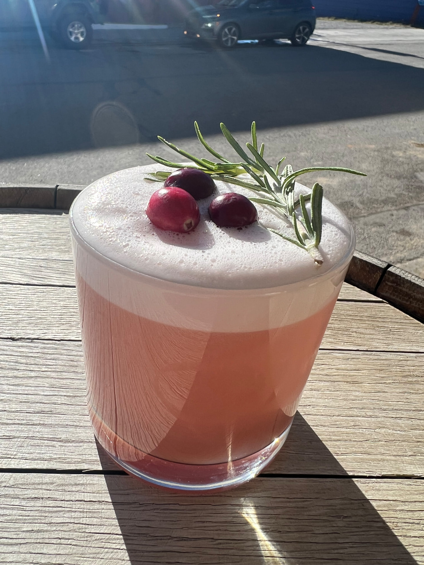 A cranberry rosemary sour with fresh cranberries in the winter sun