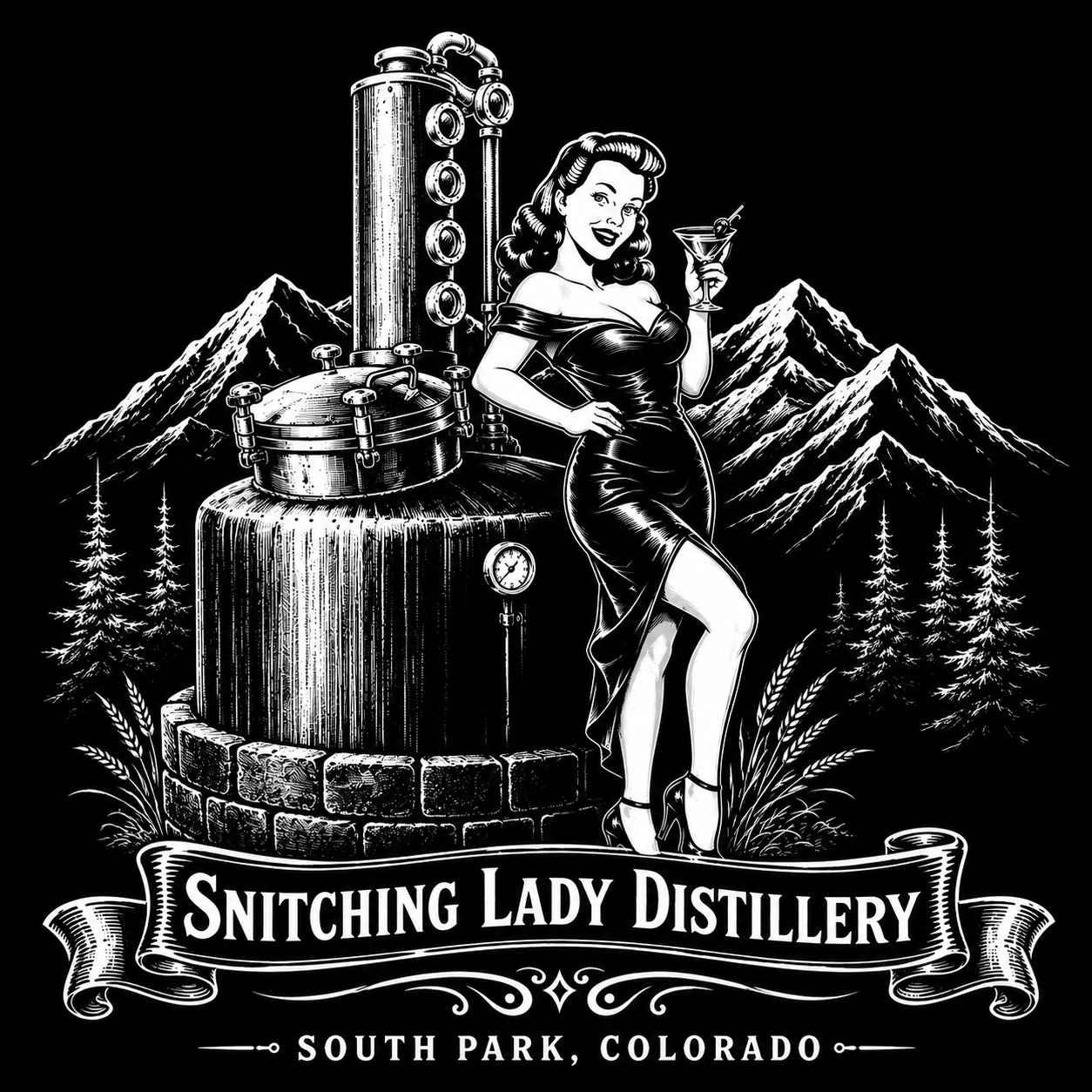 Snitching Lady Distillery — South Park, Colorado emblem with pin-up and copper still
