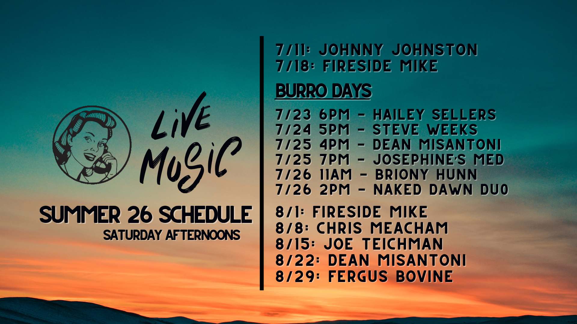 Live Music Summer '26 schedule — Saturday afternoons with Johnny Johnston, Fireside Mike, Burro Days lineup, and more through August