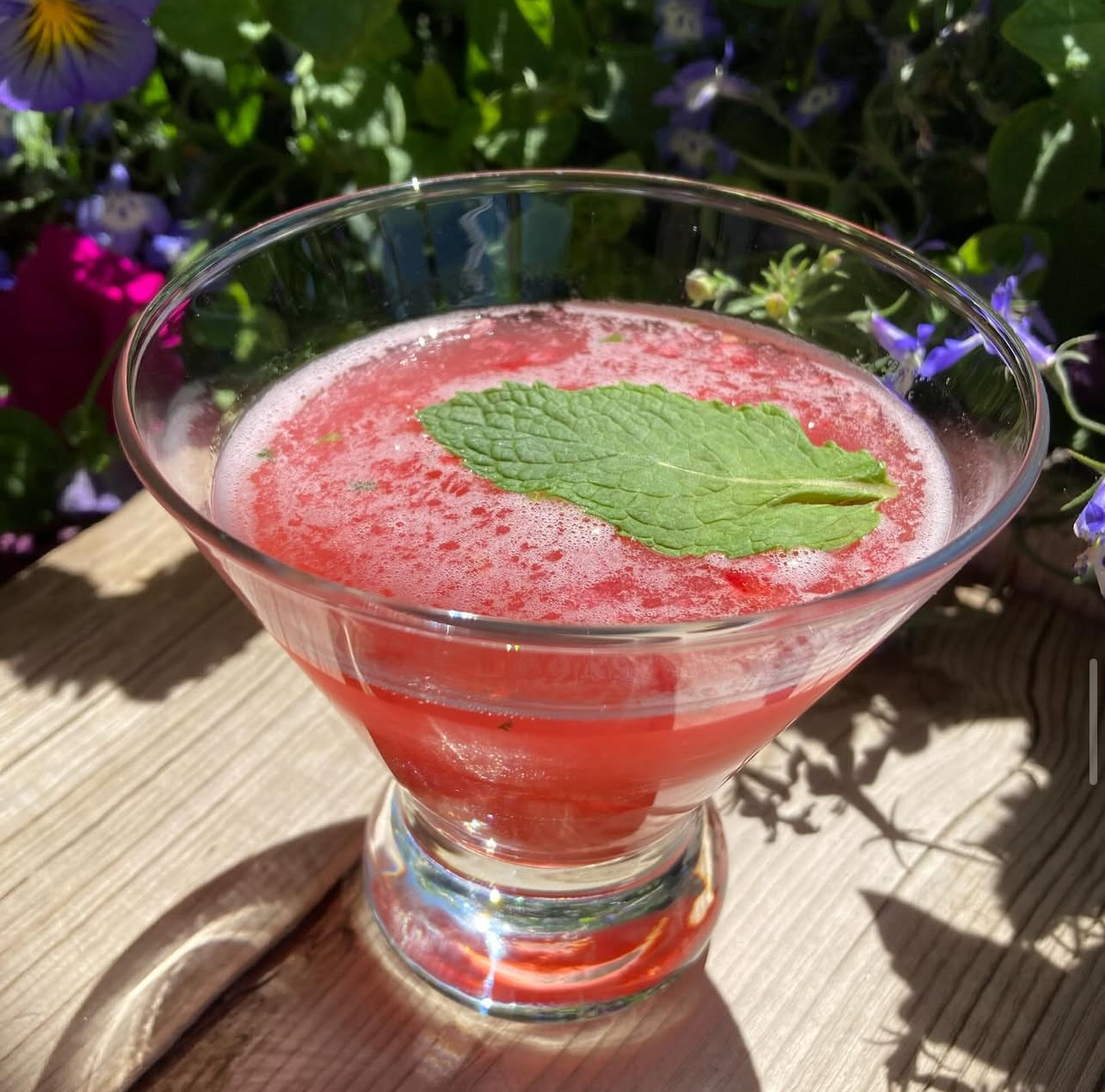 A watermelon-mint martini in sunlight among garden flowers
