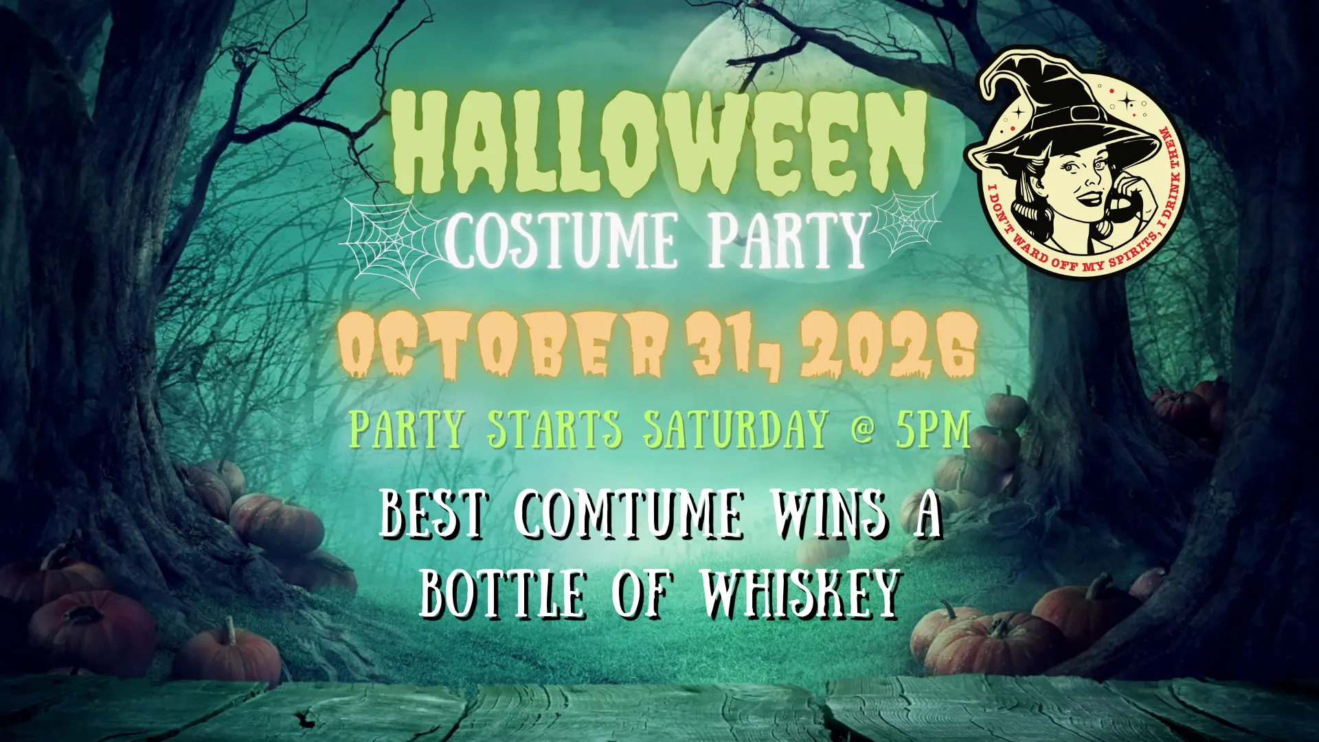 Halloween Costume Party at Snitching Lady Distillery — October 31, 2026. Party starts at 5pm, best costume wins a bottle of whiskey.