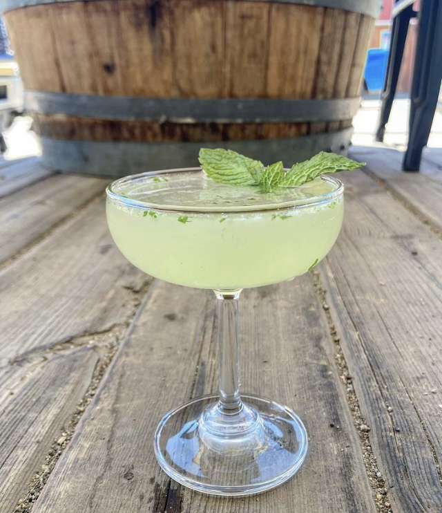 A mint daiquiri in a coupe on weathered wood in front of a barrel planter