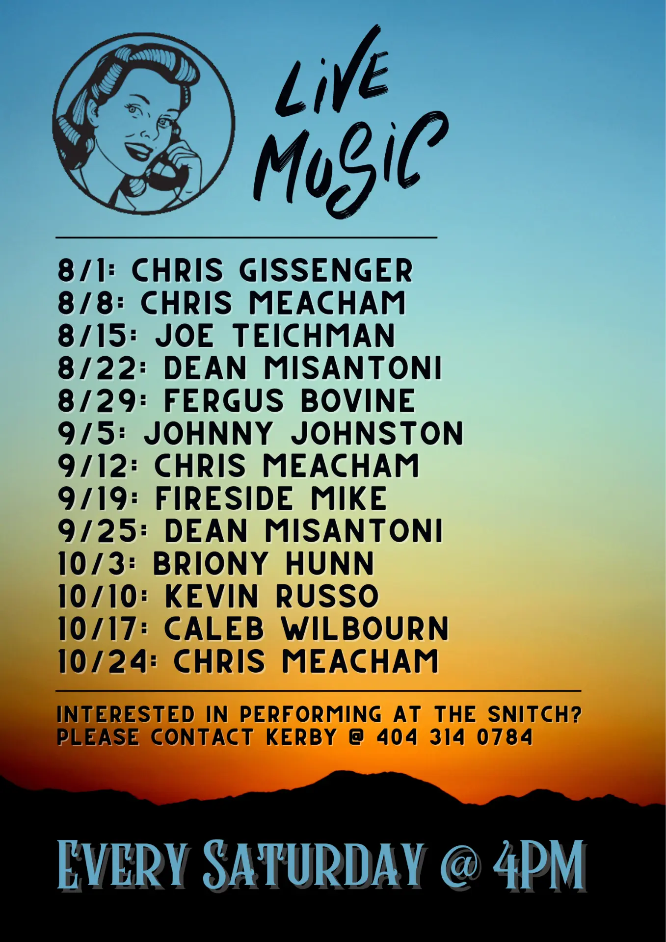 Live Music every Saturday at 4pm — August through October lineup at Snitching Lady Distillery