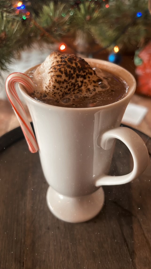 A boozy hot cocoa with a toasted marshmallow and candy cane by the tree