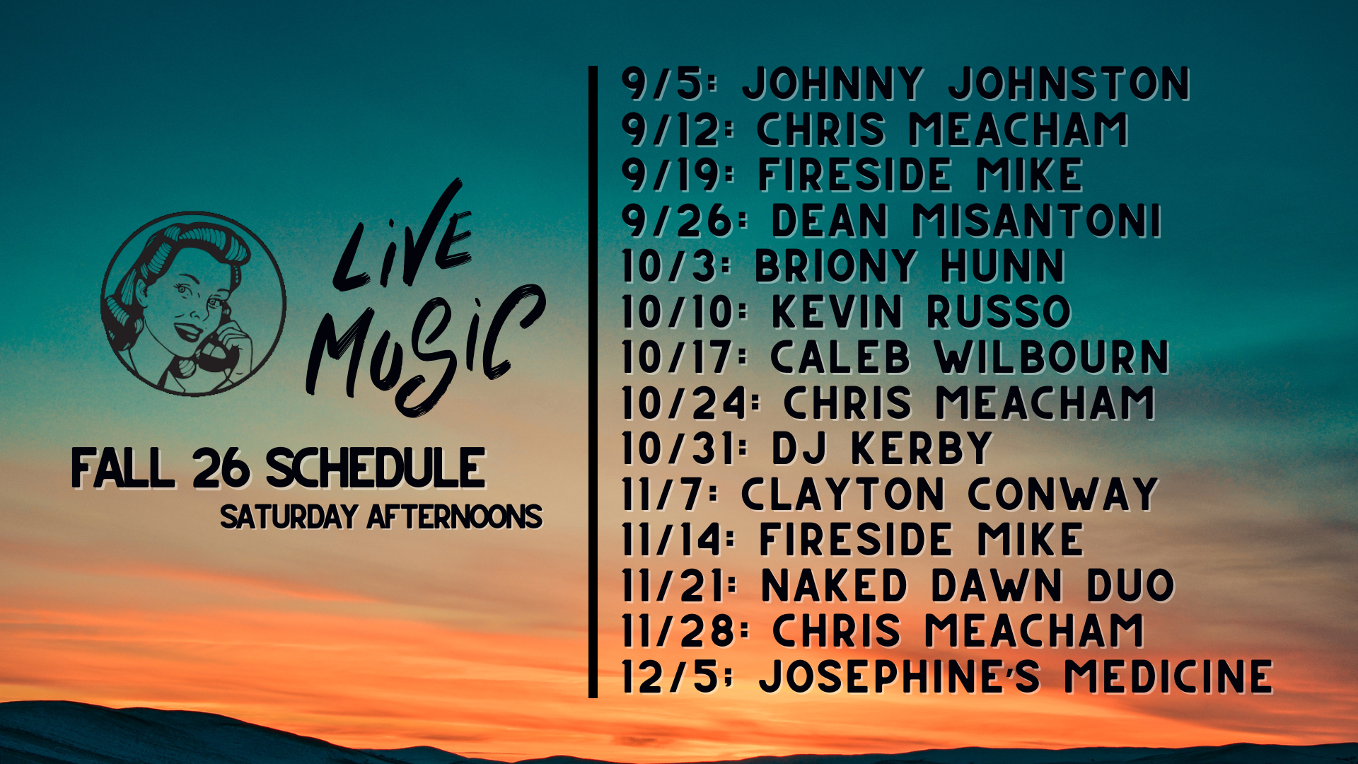 Live Music Fall 2026 schedule at Snitching Lady Distillery — Saturday afternoons with Johnny Johnston, Chris Meacham, Fireside Mike, Dean Misantoni, Briony Hunn, Kevin Russo, Caleb Wilbourn, DJ Kerby, Clayton Conway, Naked Dawn Duo, and Josephine's Medicine.