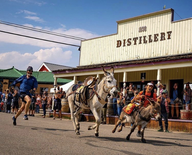 The World Championship Pack Burro Race running past the historic distillery storefront